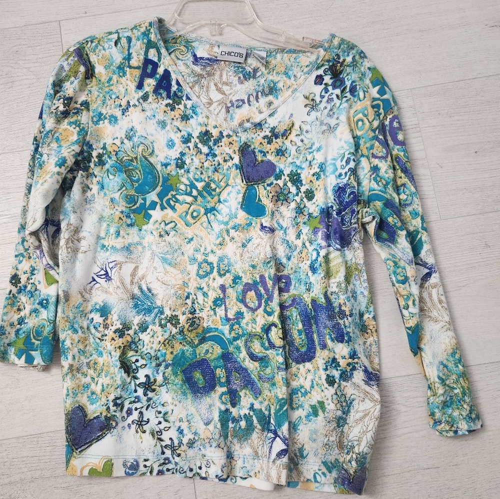 Chico Blouse, Multicolor Graphic Long Sleeve Top